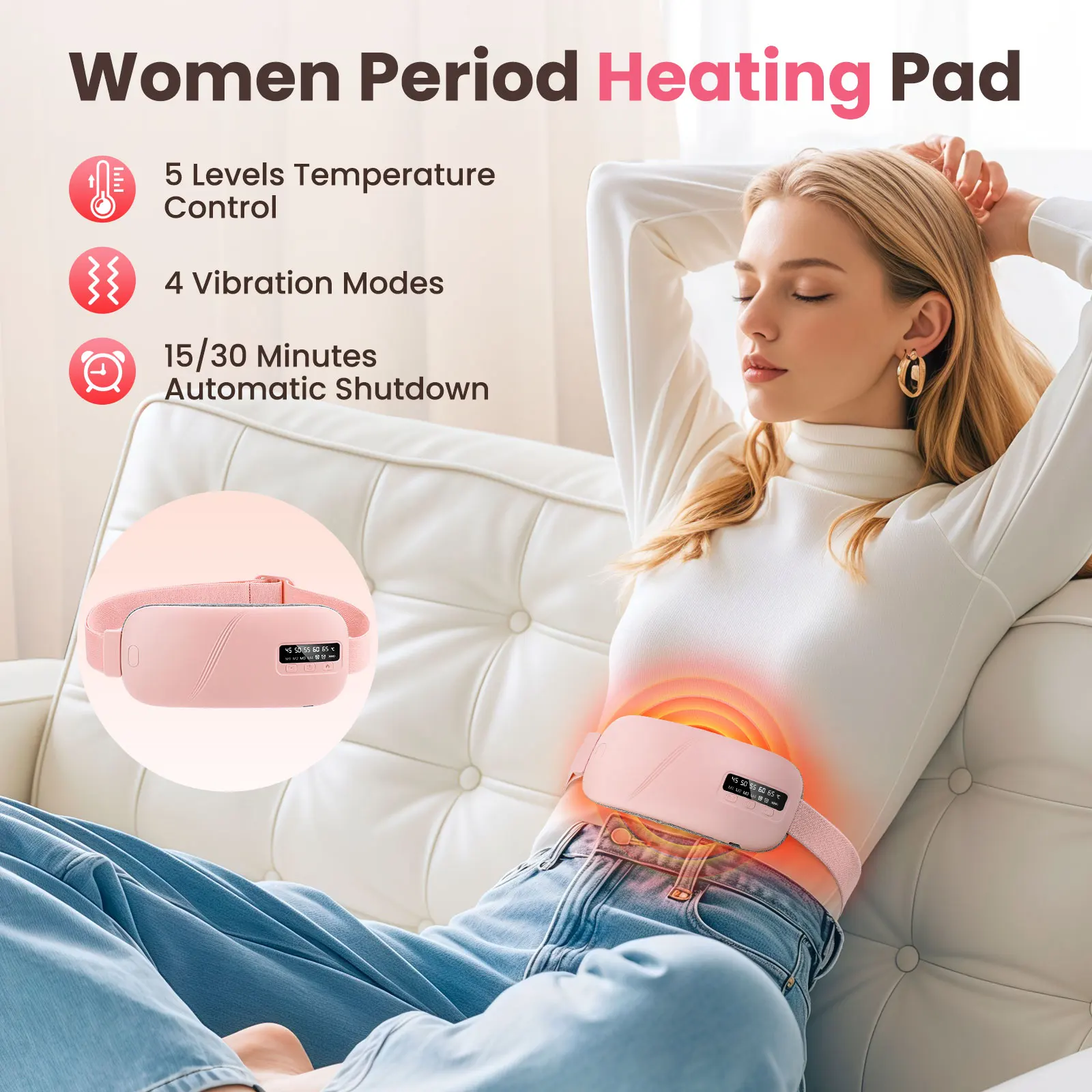 Women's 4 Modes Period Heating Belt Menstrual Abdominal Warmer with Vibration Massage